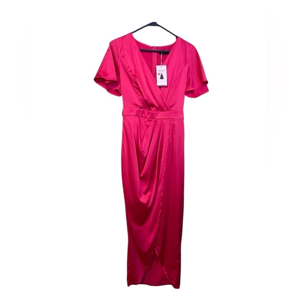 Satin Belted Ruched Slit Midi Dress - Picture 3 of 17